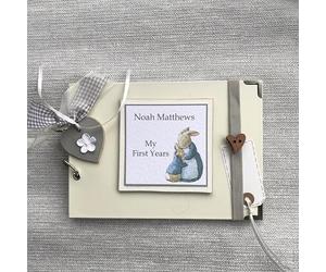 Personalised photo album/scrapbook journal first years. newborn/baby arrival. birthday. Champagne Ivory. peter rabbit beatrix potter. A5 size 21cm x 14 cm