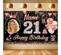 Personalised Photo Birthday Backdrop, Custom Name, Age & Picture Party Banner, Rose Gold Glitter & Black Confetti Design, Customisable 18th, 21st, 30th, 40th Birthday Decoration (180x110)