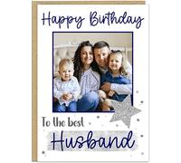 Personalised Photo Birthday Card for Him Custom Name on Banner Add Your Own Picture Text Under Photo A5 Card for Dad Brother Son Friend 9 Colour Options Keepsake Gift (Blue)