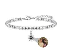 Personalised Photo Bracelet Custom Round Bead Projection Bracelet with Picture Inside, Magnify Memory Photo Bracelets, Hidden Secret Photo Bracelet for Women Best Friend Friendship Silver Rose Gold