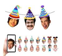 Personalised Photo Bunting, Customized Face and Party Hat, A5 Photo Banner cutout Party Accessory Hen Parties Stag Birthdays，Birthday Decorations (1+1+1 Bunting Face)