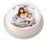 Personalised Photo Cake Topper - Your Own Image Skinny Text - Round Circle Edible Premium Icing Sheet, Upload Your Image & Message, Custom Birthday Cake Decoration, Any Size 4-7.5 Inch - Blue Text