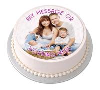 Personalised Photo Cake Topper - Your Own Image Skinny Text - Round Circle Edible Premium Icing Sheet, Upload Your Image & Message, Custom Birthday Cake Decoration, Any Size 4-7.5 Inch - Purple Text