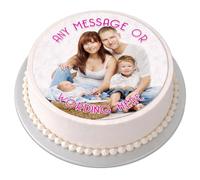 Personalised Photo Cake Topper - Your Own Image Skinny Text - Round Circle Edible Premium Icing Sheet, Upload Your Image & Message, Custom Birthday Cake Decoration, Any Size 4-7.5 Inch - Pink Text