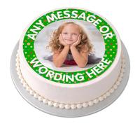 Personalised Photo Cake Topper - Your Own Photo Image Spotty - Round Circle Edible Premium Icing Sheet, Upload Your Image & Message, Custom Birthday Cake Decoration, Any Size 4-7.5 Inch - Green