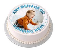 Personalised Photo Cake Topper - Your Very Own Photo Image Starry - Round Circle Edible Premium Icing Sheet, Upload Your Image & Message, Custom Birthday Cake Decoration, Any Size 4-7.5 Inch - Blue