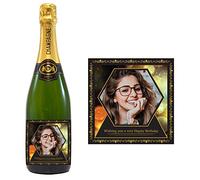 Personalised Photo Champagne Bottle Engraved Gift Modern Square Label 1 x 75 cl