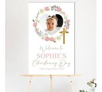 Personalised Photo Christening, Communion, Confirmation Welcome Board - Custom Child’s Picture, Name & Date, Floral and Wreath Photo Prop Board (Pink Floral Wreath, Christening Day)