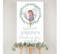 Personalised Photo Christening, Communion, Confirmation Welcome Board - Custom Child’s Picture, Name & Date, Floral and Wreath Photo Prop Board (Green Wreath, Christening Day)