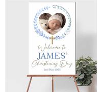 Personalised Photo Christening, Communion, Confirmation Welcome Board - Custom Child’s Picture, Name & Date, Floral and Wreath Photo Prop Board (Blue Wreath, Christening Day)