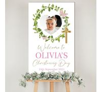Personalised Photo Christening, Communion, Confirmation Welcome Board - Custom Child’s Picture, Name & Date, Floral and Wreath Photo Prop Board (Green Wreath Butterfly, Christening Day)