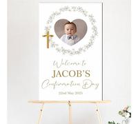 Personalised Photo Christening, Communion, Confirmation Welcome Board - Custom Child’s Picture, Name & Date, Floral and Wreath Photo Prop Board (White Floral Wreath, Confirmation Day)