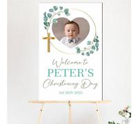 Personalised Photo Christening, Communion, Confirmation Welcome Board - Custom Child’s Picture, Name & Date, Floral and Wreath Photo Prop Board (Green Leaves, Christening Day)