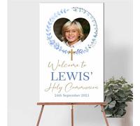 Personalised Photo Christening, Communion, Confirmation Welcome Board - Custom Child’s Picture, Name & Date, Floral and Wreath Photo Prop Board (Blue Wreath, Holy Communion)