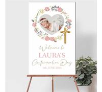 Personalised Photo Christening, Communion, Confirmation Welcome Board - Custom Child’s Picture, Name & Date, Floral and Wreath Photo Prop Board (Pink Floral Wreath, Confirmation Day)