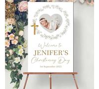 Personalised Photo Christening, Communion, Confirmation Welcome Board - Custom Child’s Picture, Name & Date, Floral and Wreath Photo Prop Board (White Floral Wreath, Christening Day)