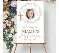 Personalised Photo Christening, Communion, Confirmation Welcome Board - Custom Child’s Picture, Name & Date, Floral and Wreath Photo Prop Board (White Floral Wreath, Holy Communion)