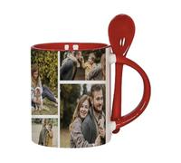 Personalised Photo Collage Mug with Spoon - Custom Printed Ceramic Mug with Your Own Multi Photo Design - Colour Inside Coffee Cup - Gift for Him, Her, Friends, Family. (7 Photo, Red)