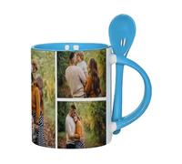 Personalised Photo Collage Mug with Spoon - Custom Printed Ceramic Mug with Your Own Multi Photo Design - Colour Inside Coffee Cup - Gift for Him, Her, Friends, Family. (5 Photo, Blue)