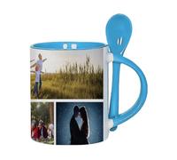 Personalised Photo Collage Mug with Spoon - Custom Printed Ceramic Mug with Your Own Multi Photo Design - Colour Inside Coffee Cup - Gift for Him, Her, Friends, Family. (4 Photo, Blue)