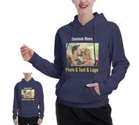 Personalised Photo Hoodies for Women Men Custom Pullover Hoodie with Logo Picture Text Print, Blue Casual Sports Hooded Sweatshirt with Pocket, Gifts for Couples Lovers Boyfriends Girlfriend, M