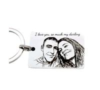 Personalised Photo Keyring - Custom Engraved Stainless Steel Keychain with Picture & Message - Line Art Portrait Keyring Gift for Couples, Anniversary, Birthday