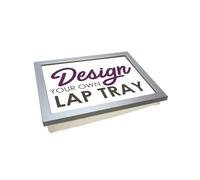 Personalised Photo Lap Tray with Cushion. Handmade in UK. Wooden Frame with Choice of Base Colours, Lap Desk for Serving Food, Laptop Knee Table (Silver Frame Cream Cushion Base)