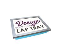 Personalised Photo Lap Tray with Cushion. Handmade in UK. Wooden Frame with Choice of Cushion Base Colours, Lap Desk for Serving Food, Laptop Knee Table (Silver Frame Baby Blue Cushion Base)