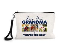 Personalised Photo, Love You Grandma You’RE The Best, Make Up Bag with Strap, Linen Cosmetics Bag, Beauty Bag.