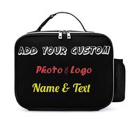 Personalised Photo Lunch Bag with Name for Boys Girls Women Men, Customised Insulated Leather Lunch Box with Picture Logo Printed, Reusable Black Lunch Tote Bags with Water Bottle Holder & Handle