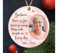"Personalised Photo Memorial Bauble Plaque - 'Those We Love Don't Go Away' Custom Keepsake Ornament with Photo (Pink, Mdf Wood Indoor Use Only 9cm x 9cm)
