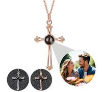 Personalised Photo Necklace Projection Picture Pendant and Various I Love You 100 Languages Projector in Round Stone Customisable Individual For Lover (Holy Cross)