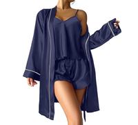 Personalised Photo Pyjamas Short For Women Sets 3 Piece Pyjamas Women S Long Nightdress Robe Set Top Shorts Sets Sleepwear With Chest Elegant Pijamas Set Ladies Plus Size Navy Xl