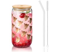 Personalised Photo Text Glass Cups with Lid, Straw, Cleaning Brush 16OZ Custom Can Shaped Drinking Glasses, Iced Coffee Cup for Smoothies, Beer, Parties, BBQ Picture Gifts for Women Men, 450ml