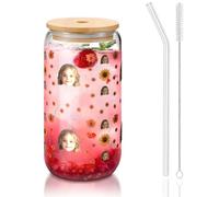 Personalised Photo Text Glass Cups with Lid, Straw, Cleaning Brush 16OZ Custom Can Shaped Drinking Glasses, Iced Coffee Cup for Smoothies, Beer, Parties, BBQ Picture Gifts for Women Men, 450ml