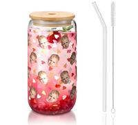 Personalised Photo Text Glass Cups with Lid, Straw, Cleaning Brush 16OZ Custom Can Shaped Drinking Glasses, Iced Coffee Cup for Smoothies, Beer, Parties, BBQ Picture Gifts for Women Men, 450ml