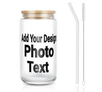Personalised Photo Text Glass Cups with Lid, Straw, Cleaning Brush 16OZ Custom Can Shaped Drinking Glasses, Iced Coffee Cup for Smoothies, Beer, Parties, BBQ Picture Gifts for Women Men, 450ml