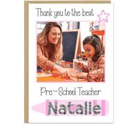 Personalised Photo Thank You Nursery Teacher Card - Own Name - Custom Text Under Photo - 8 Colour Options - For Pre-School Nursery Appreciation Cards For Nursery Staff Keyworkers Helpers, Pink