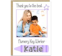Personalised Photo Thank You Nursery Teacher Card - Own Name - Custom Text Under Photo - 8 Colour Options - For Pre-School Nursery Appreciation Cards For Nursery Staff Keyworkers Helpers, Lilac