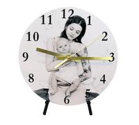 Personalised Photo Wall Clock with Marble Effect Background, Round White Face, Gold Hands, Black Numbers, 20cm, Modern Style, Decorative Stand Option