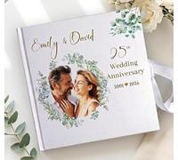 Personalised Photo Wedding Anniversary Guest Book - Blank 86 Pages Square White Guestbook Album Silver, Golden or Diamond Marriage Celebrations | Custom Floral Design with Picture, 18x18cm