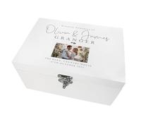 Personalised Photo White Wooden Wedding Keepsake Box | Top Line, Custom Names, Surname, Location and Date | Wedding Gift | 30cm x 23cm x 18cm