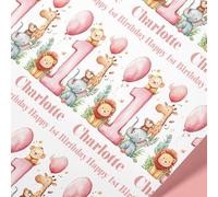 Personalised Pink 1st Birthday Wrapping Paper Roll | Custom Name Safari Animal Gift Wrap for Baby Girl | 61cm Wide | Recyclable Matte Paper | First Birthday Present Wrap