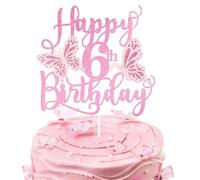 Personalised Pink 3D Butterfly Happy 6th Birthday Glitter Cake Toppers,Pink Butterfly Theme Cake Toppers for Cake Decorations Girls 6 Years Old Birthday Party Keepsakes
