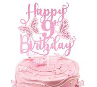 Personalised Pink 3D Butterfly Happy 9th Birthday Glitter Cake Toppers,Pink Butterfly Theme Cake Toppers for Cake Decorations Girls 9 Years Old Birthday Party Keepsakes