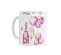Personalised Pink Balloons & Champagne Design Birthday Mug, Gift for 18th 21st 30th 40th 50th 60th 70th 80th Mum Nan, White Ceramic