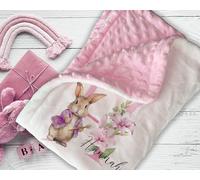 Personalised Pink Bunny Theme Custom Named Blanket Quality Toddler Comforter Unique Floral Initial Design Item Matching Cushion Bib