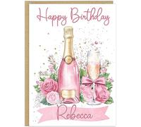 Personalised Pink Champagne Birthday Cards for Her - Luxury Prosecco - 5 Colours Including Rose Gold Blush Pink Customised Own Name and Text A5 Female Alcohol Themed Card (Pink)
