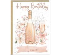 Personalised Pink Champagne Birthday Cards for Her - Luxury Prosecco - 5 Colours Including Rose Gold Blush Pink Customised Own Name and Text A5 Female Alcohol Themed Card (Blush Peach)
