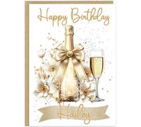 Personalised Pink Champagne Birthday Cards for Her - Luxury Prosecco - 5 Colours Including Rose Gold Blush Pink Customised Own Name and Text A5 Female Alcohol Themed Card (Gold)